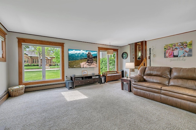 carpeted living room with a baseboard heating unit