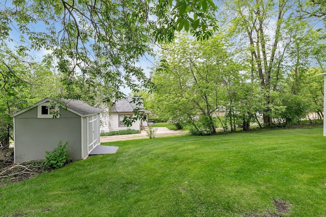 view of yard with a storage shed