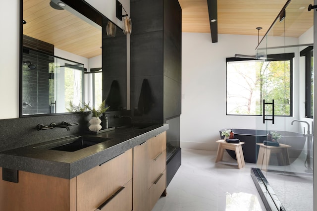 full bath with wood ceiling, a freestanding bath, marble finish floors, double vanity, and a stall shower