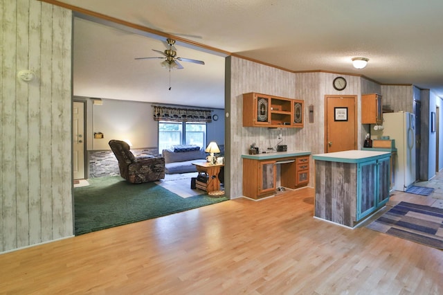 kitchen with light hardwood / wood-style floors, ceiling fan, ornamental molding, a textured ceiling, and white refrigerator