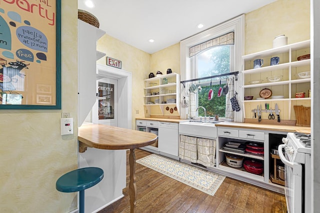 interior space with white appliances, dark wood finished floors, a sink, and recessed lighting