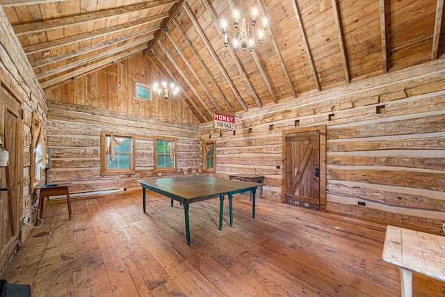 recreation room with wooden ceiling, a notable chandelier, beamed ceiling, and wood finished floors