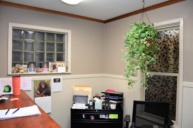 office with a textured ceiling and crown molding