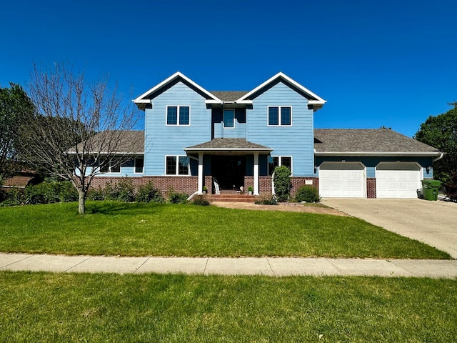 traditional-style house with a garage, brick siding, a shingled roof, driveway, and a front yard