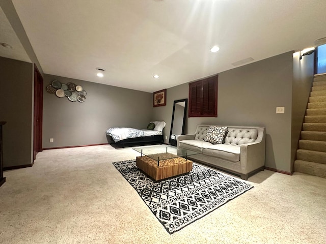 bedroom with visible vents, recessed lighting, baseboards, and light carpet