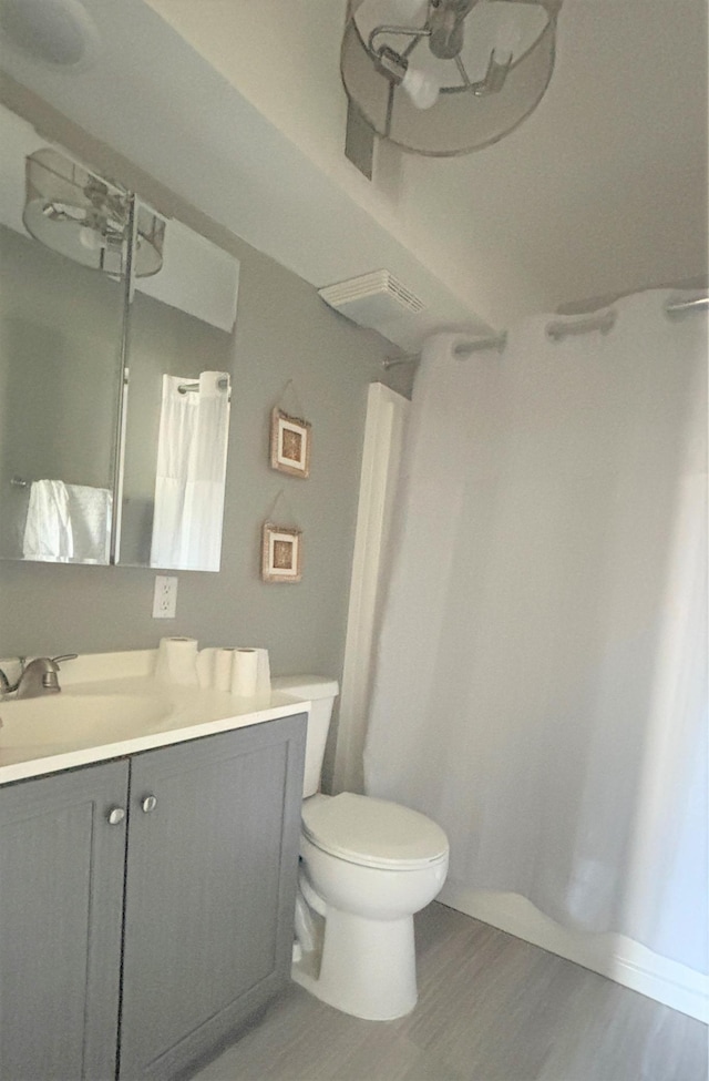 bathroom with hardwood / wood-style floors, vanity, and toilet