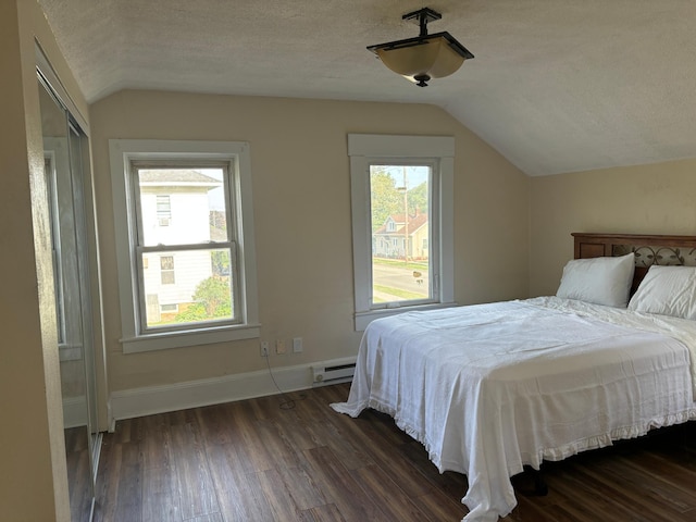 bedroom with lofted ceiling, multiple windows, a textured ceiling, and dark hardwood / wood-style flooring