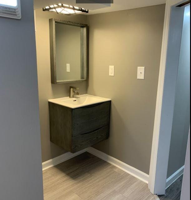 bathroom with wood-type flooring and vanity