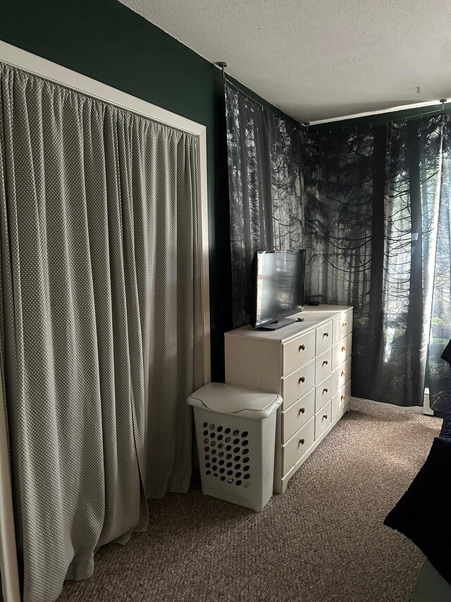 bedroom with a textured ceiling and carpet flooring