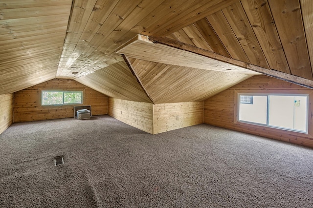 additional living space featuring carpet floors, wood walls, and vaulted ceiling