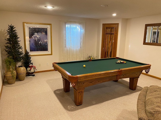 rec room featuring carpet floors and billiards