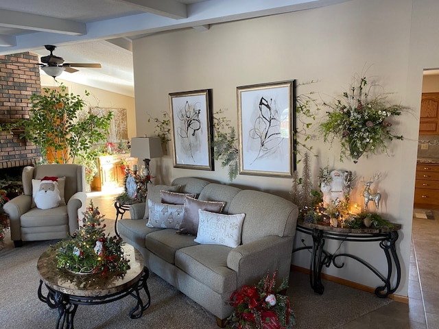 living room with tile patterned floors, vaulted ceiling with beams, and ceiling fan