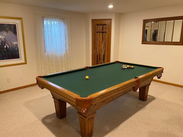 rec room featuring carpet, baseboards, and recessed lighting