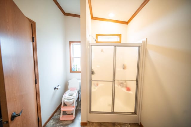 bathroom featuring an enclosed shower, tile patterned floors, crown molding, and vaulted ceiling