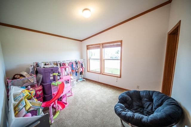 rec room with ornamental molding, vaulted ceiling, and light colored carpet