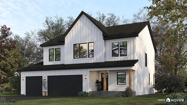 modern farmhouse with aphalt driveway, an attached garage, board and batten siding, and a front yard