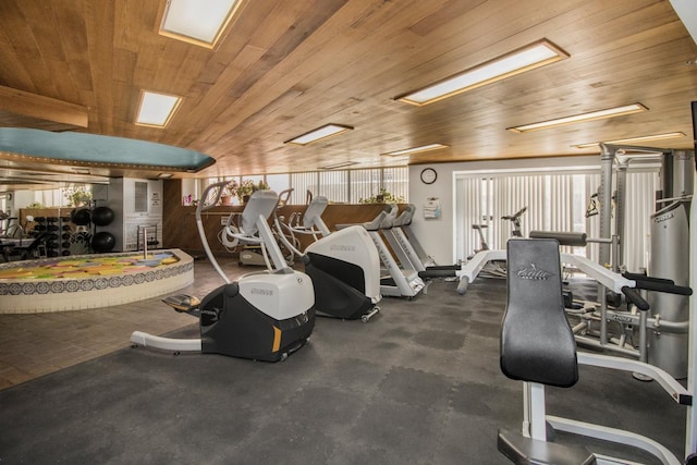 gym featuring wooden ceiling