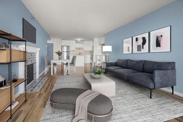 living room with a fireplace and light hardwood / wood-style flooring