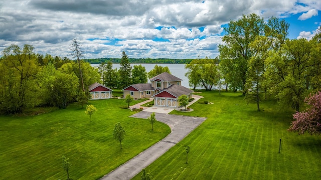 aerial view featuring a water view