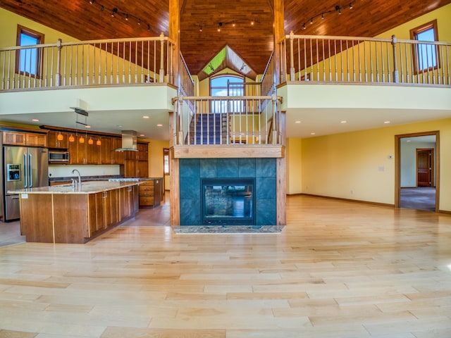 kitchen featuring ventilation hood, stainless steel appliances, light hardwood / wood-style floors, and high vaulted ceiling