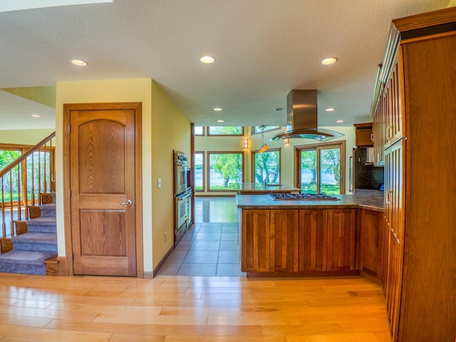 kitchen with kitchen peninsula, appliances with stainless steel finishes, island exhaust hood, and a healthy amount of sunlight