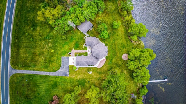 birds eye view of property featuring a water view