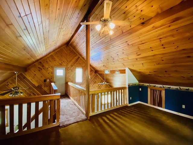 bonus room featuring wooden ceiling, carpet flooring, and ceiling fan