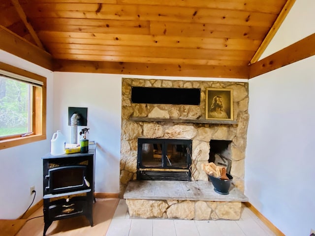 details featuring wooden ceiling and a stone fireplace