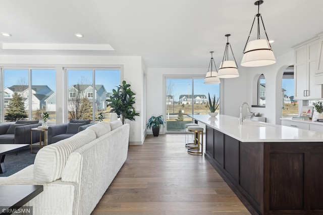 kitchen with pendant lighting, dark brown cabinetry, white cabinetry, a healthy amount of sunlight, and a center island with sink