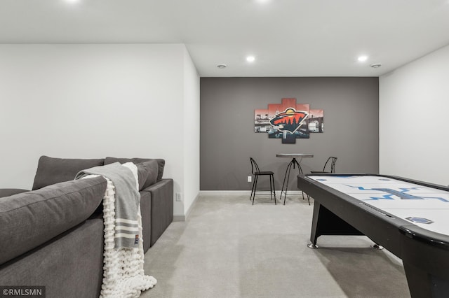 game room with light colored carpet