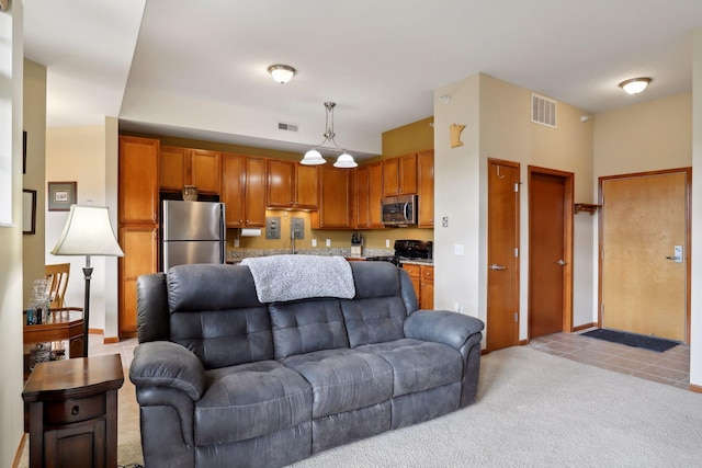 living room with light carpet