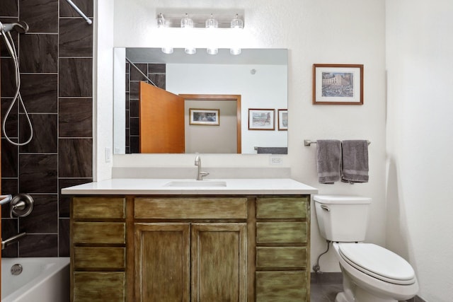 full bathroom with vanity, toilet, and tiled shower / bath combo