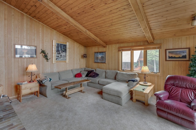 living room featuring vaulted ceiling with beams, wood walls, wooden ceiling, and carpet flooring