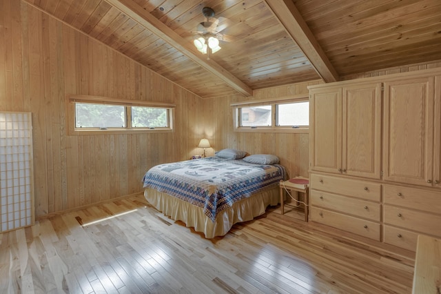 bedroom with wood ceiling, light wood-type flooring, multiple windows, and ceiling fan