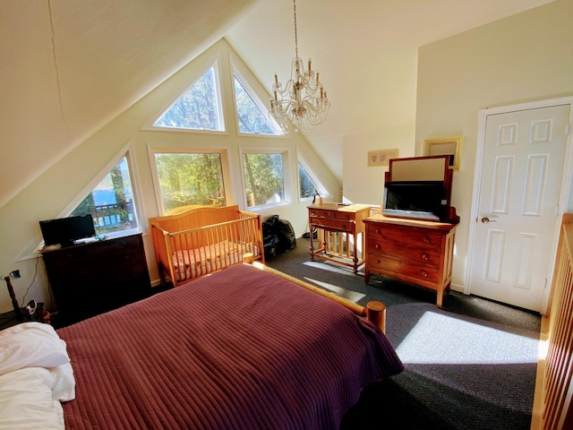 bedroom with a notable chandelier, high vaulted ceiling, and carpet floors