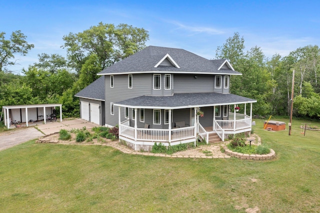 rear view of house featuring covered porch, a yard, and an outbuilding