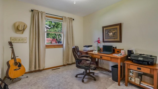 home office featuring light colored carpet