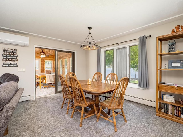 dining space featuring a wall unit AC, carpet floors, and baseboard heating
