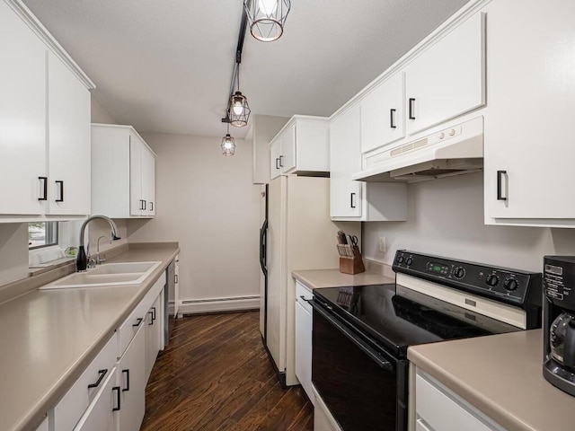 kitchen with electric range, under cabinet range hood, a baseboard radiator, a sink, and white cabinets