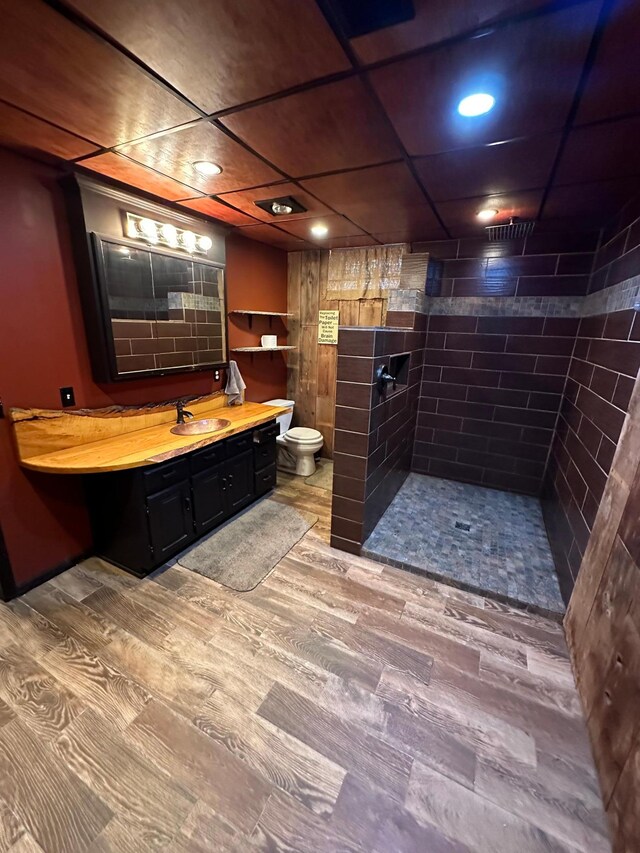 bathroom with wood-type flooring, walk in shower, vanity, and toilet