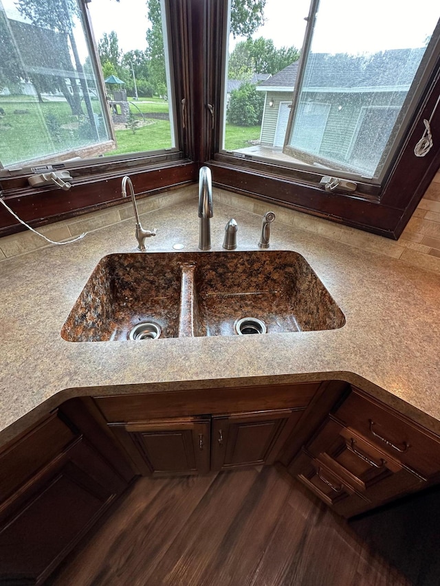 room details featuring wood-type flooring, dark brown cabinetry, and sink