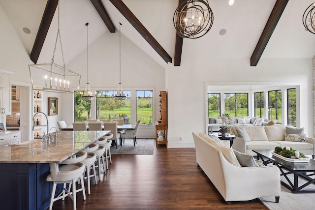 living room with a wealth of natural light, sink, high vaulted ceiling, and dark hardwood / wood-style floors