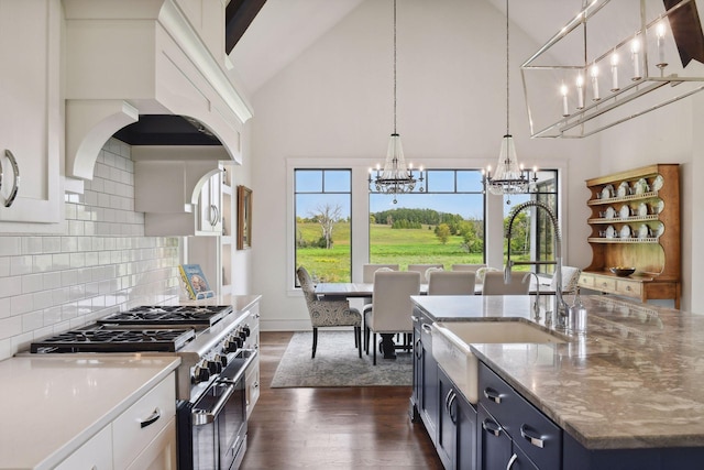 kitchen with dark hardwood / wood-style flooring, stone countertops, a kitchen island with sink, high end stainless steel range, and white cabinets