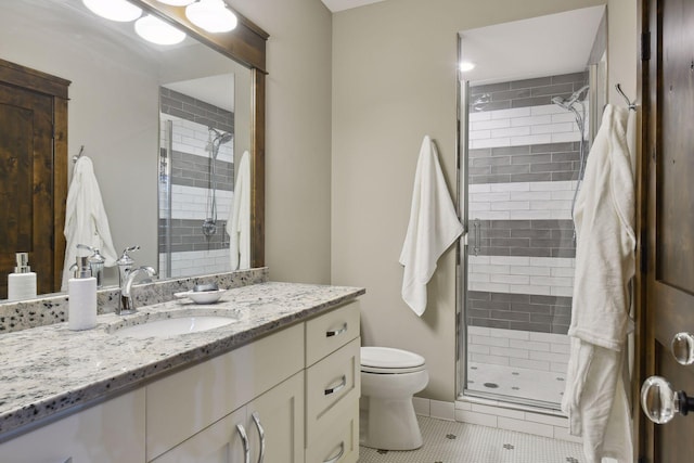 bathroom featuring tile patterned floors, vanity, toilet, and walk in shower