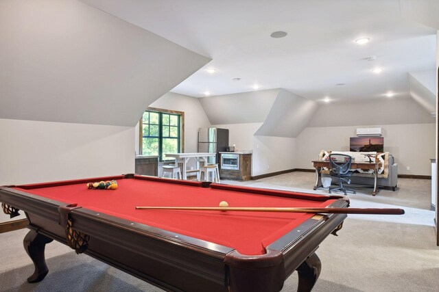 game room with light colored carpet, lofted ceiling, and pool table