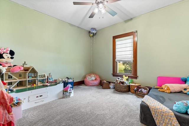 bedroom with ceiling fan and carpet floors