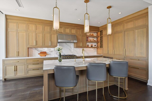 kitchen featuring dark hardwood / wood-style flooring, light stone counters, sink, pendant lighting, and a center island with sink