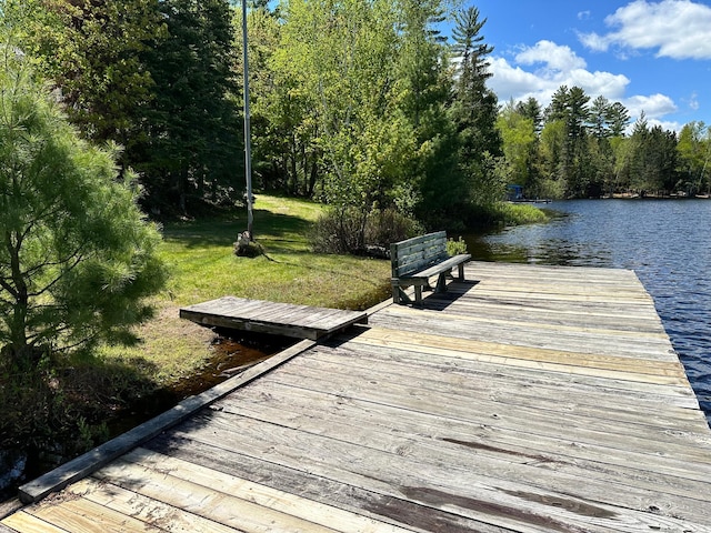 dock area with a lawn and a water view