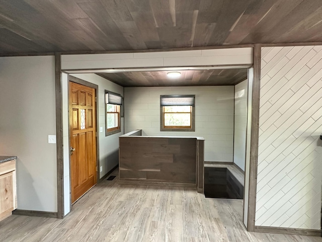 interior space featuring light hardwood / wood-style flooring and wooden ceiling