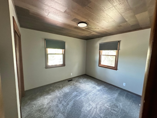 carpeted spare room featuring wood ceiling and a wealth of natural light